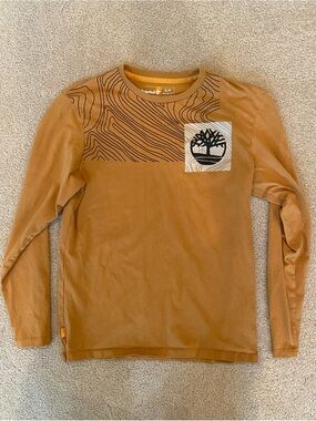 Timberland Men's Tan Long Sleeve Crew Neck Regular Fit Logo Tee S/P Organic